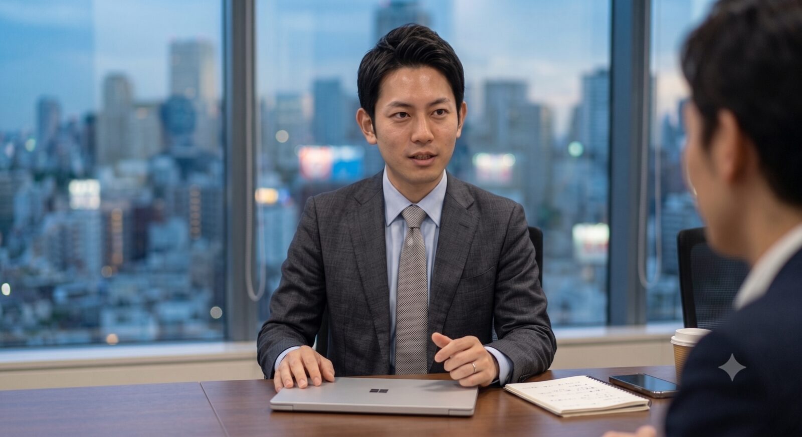田中がクライアントと打ち合わせする様子