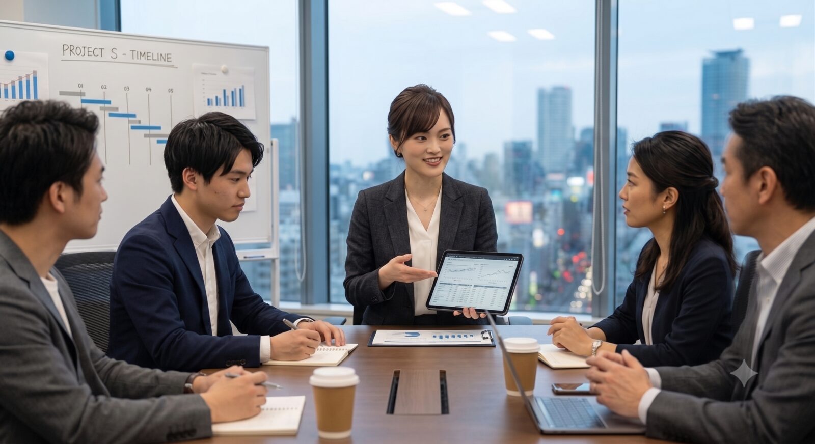 山本がチームを率いて会議する様子